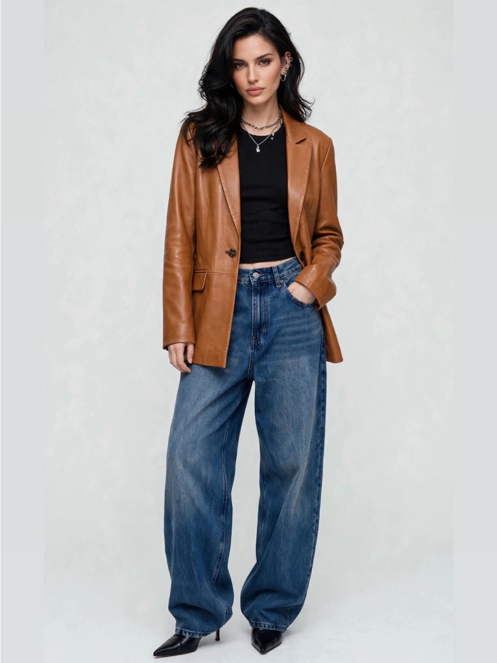 Bod & Christensen || Leather Blazer Cognac Single-Breasted One Button Tan Brown